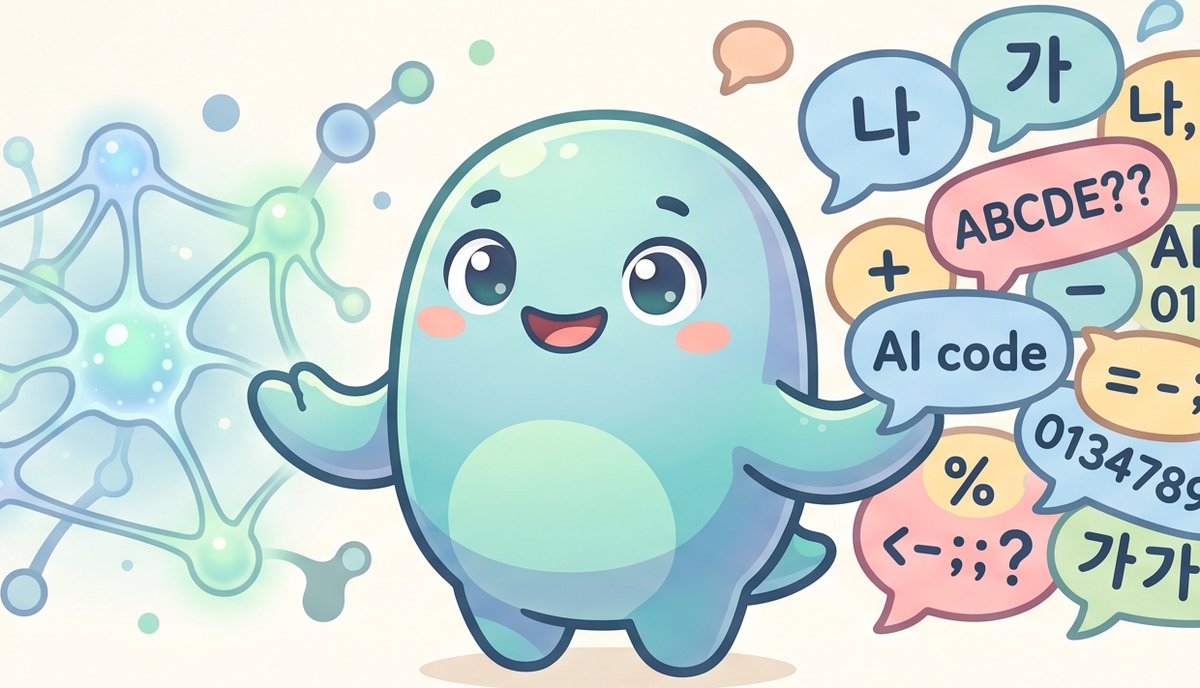 The lab's water-drop mascot surrounded by speech bubbles of code and text and a molecule-like network